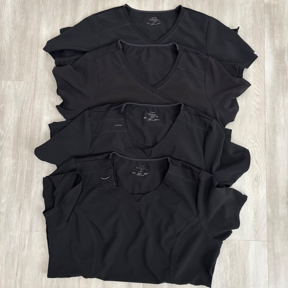 Cherokee Infinity Scrub Tops Lot of 4 Womens Large Black Stretch Mock Wrap